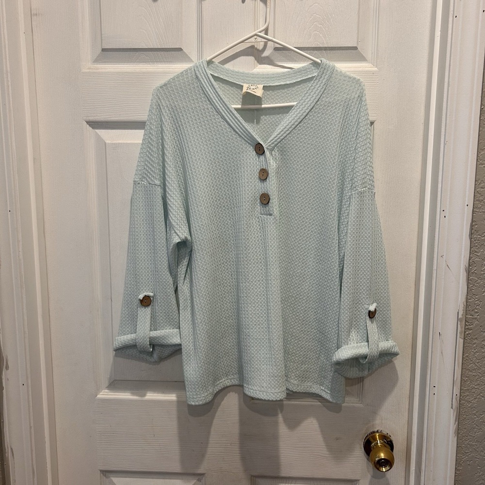 Fantastic Fawn Womens Mint Green Waffle Knit Roll Tab Henley Top Medium Thermal